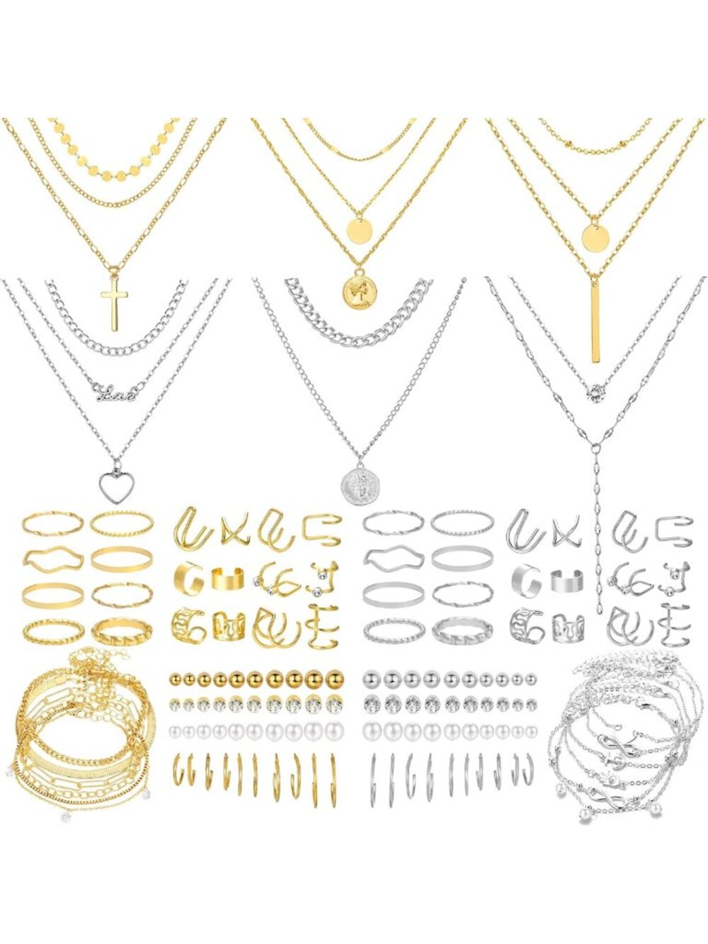 100 Pcs Y2K Costume Jewelry Set for Women - Gold & Silver Accessories